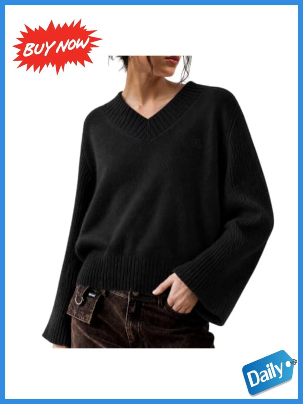 Cropped V-Neck Flare Sleeve Sweater Oversized Knit Pullover